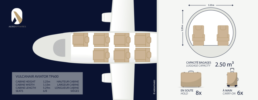 Jet privé Vulcanair Avitor TP 600 intérieur siège noirs