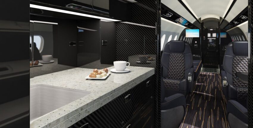 **location de jet privé : Intérieur en cuir noir luxueux**